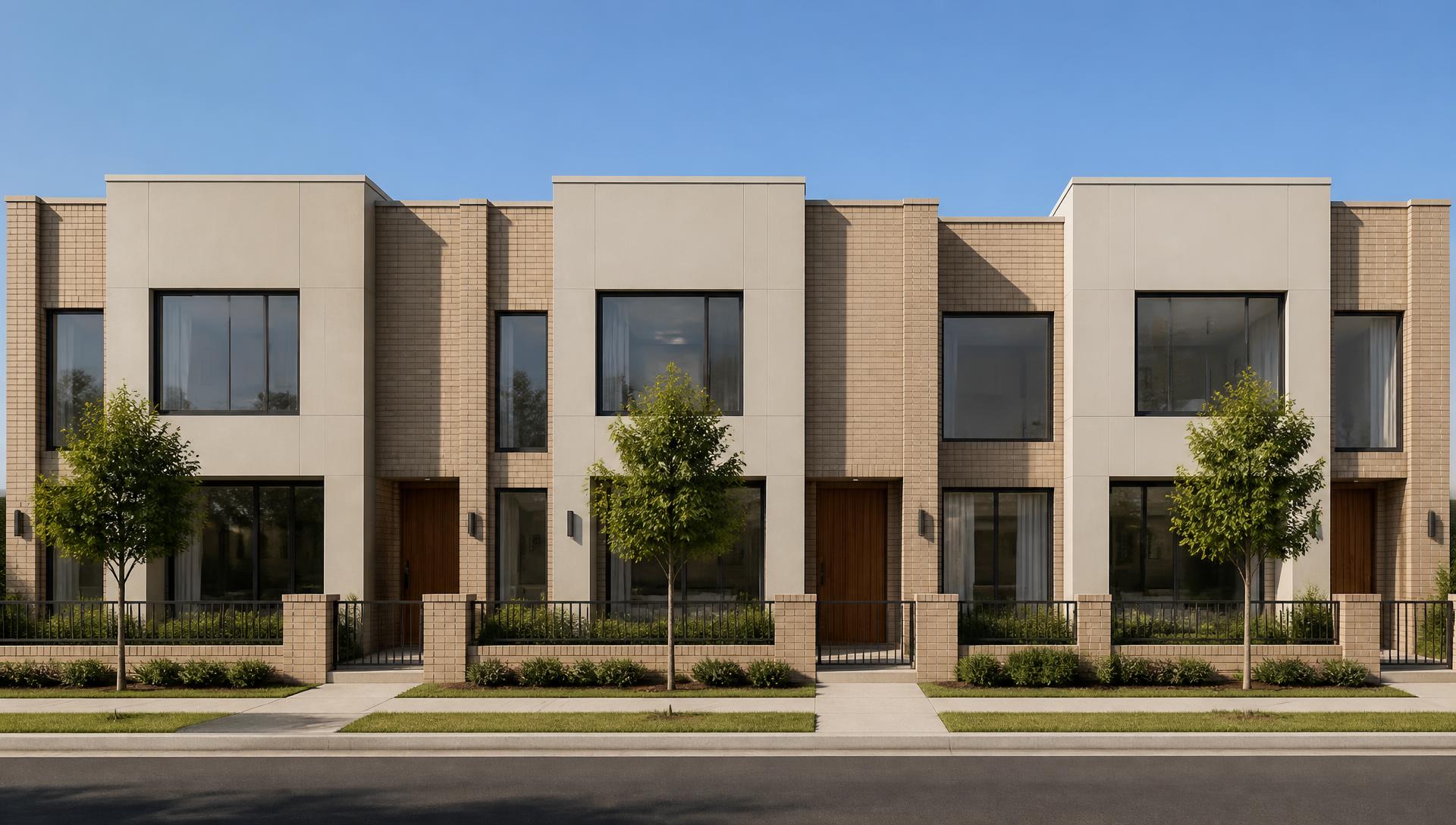 Row of modern modular Front Row terrace homes with flat, straight facades on an Australian suburb street in daylight